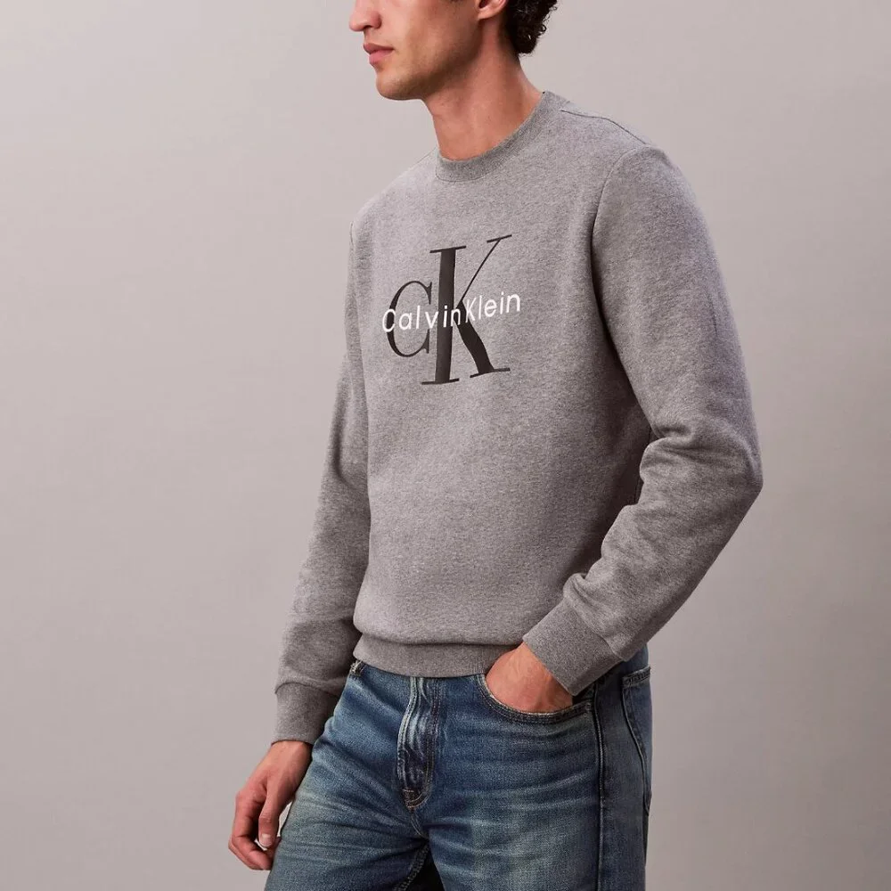 Calvin Klein Mens Monologo Fleece Crewneck Sweatshirt,‎ Grey Heather, Large, EUC